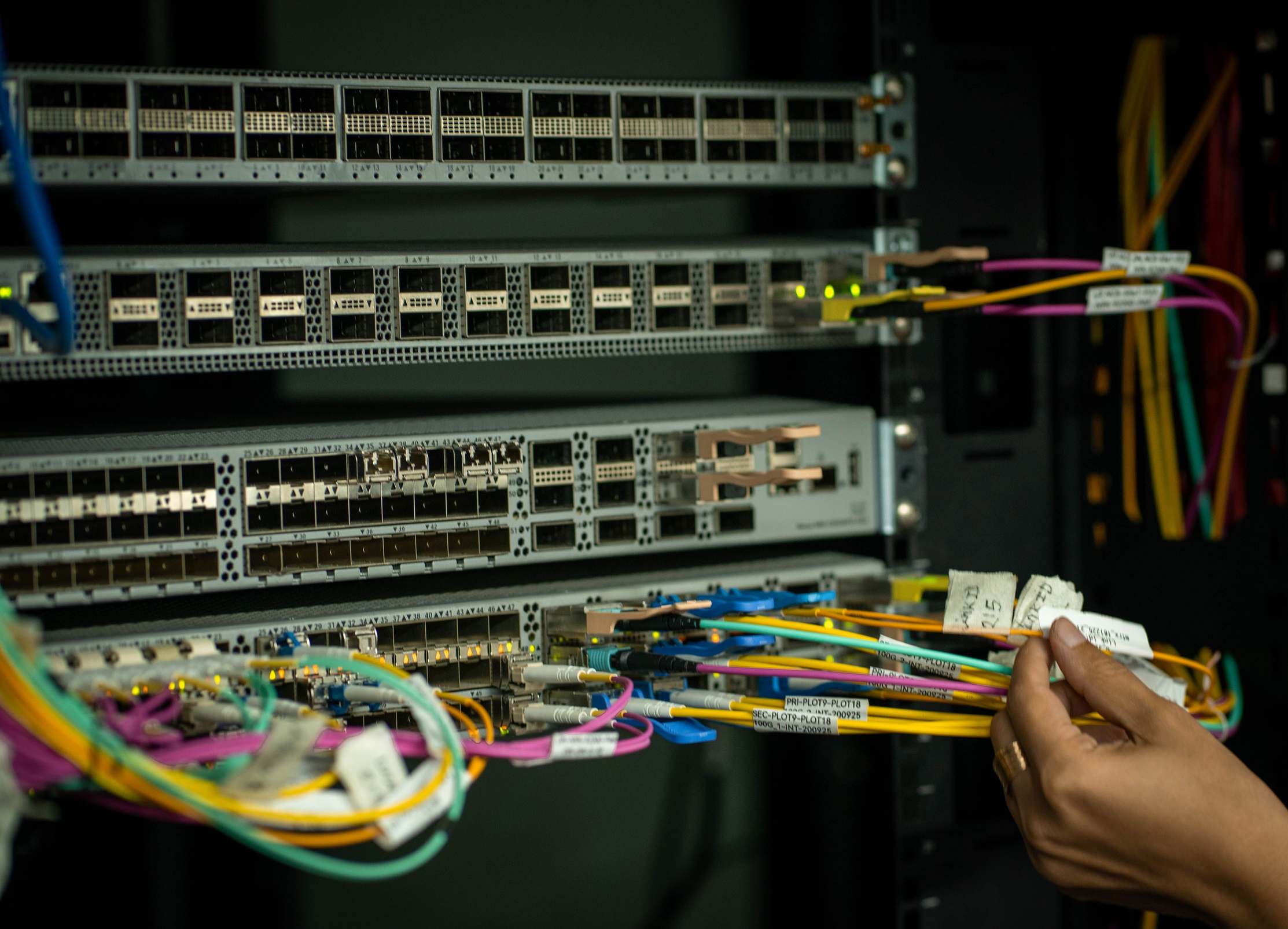 Fiber optic cables managed in a server room with modern connectivity hardware